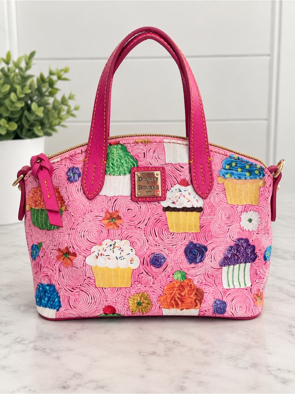 Vintage Dooney & Bourke Cupcake Print Small Satchel Pink Floral Novelty Bag